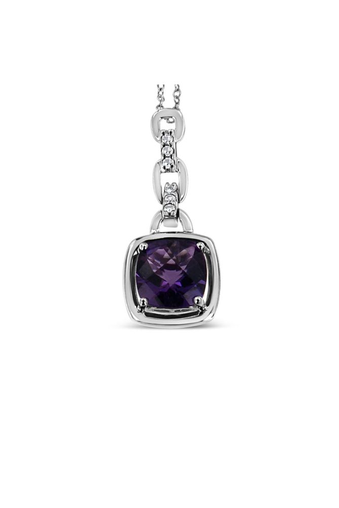 6x6MM Natural Purple Amethyst and Diamond Accented Bale Inch Necklace